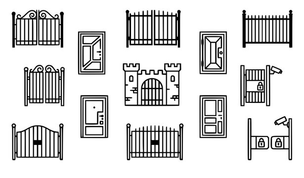 Gate icon set vector outline entrance and fence symbols isolated on white