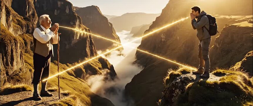 Dramatic mountain gorge where two men communicate via glowing digital sound waves, illustrating traditional whistling across a vast distance with a surreal visual effect, backlit golden hour lighting