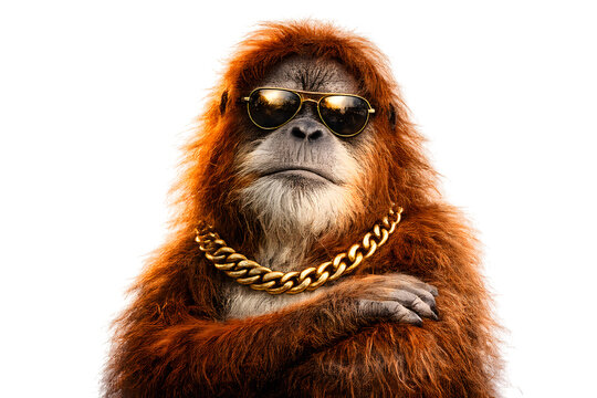 Cool orangutan wearing sunglasses and a gold chain, looking confident