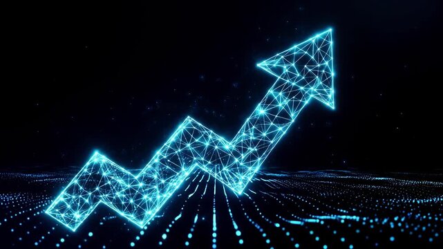 A glowing blue arrow rises upward in a digital graph on a dark background