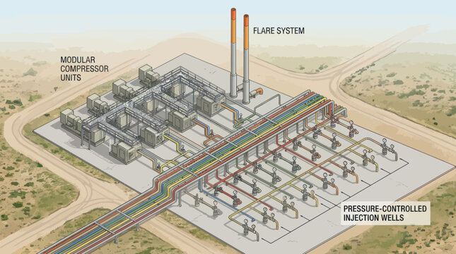 Industrial Gas Compression Station with Injection Wells and Flare System.