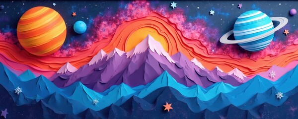 Fototapeta premium Layered paper mountains rise towards colorful planet sky. Orange sun sets behind purple peaks. Blue planets with rings float among pink cosmic clouds and stars.