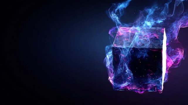 Rotating glowing cube with blue and purple energy