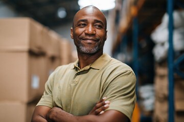 Obraz premium Middle aged man confident with arms crossed in warehouse