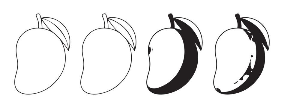 Four mango illustrations in outline solid and shaded styles vector art.