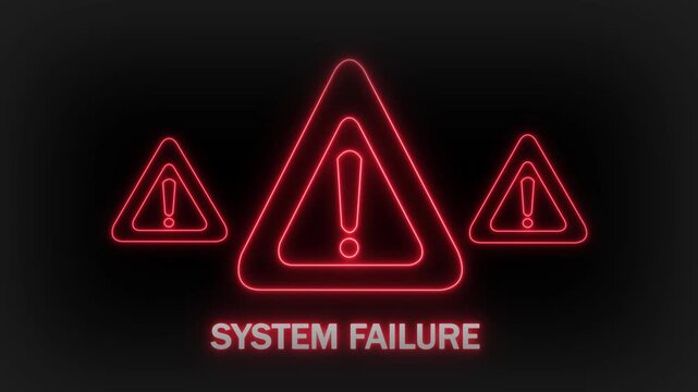 Three luminous red neon warning triangles with exclamation marks positioned against a dark gray backdrop with the phrase SYSTEMFAILURE illuminated in glowing red text underneath