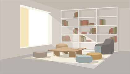 Cozy reading nook with bookshelves and natural light during daytime for relaxation and study © FahimStock