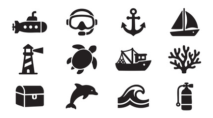 Nautical icons, ocean symbols, sea signs, marine marks, vector set of 12 © Muhammad