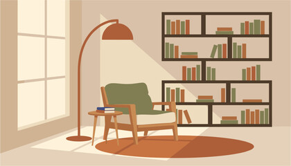 Cozy reading nook with armchair bookshelf and floor lamp bathed in soft window light © FahimStock