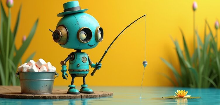 Cute vintage robot fishes in pond with bright yellow background. It holds fishing rod and bucket of marshmallows. Reeds and water lily surround it.