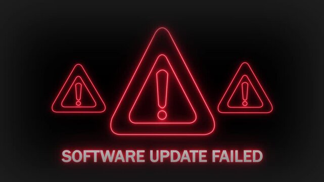 A trio of glowing red neon warning triangles with exclamation marks inside, presented on a dark gray background with the words SOFTWAREUPDATEFAILED illuminated in red neon text
