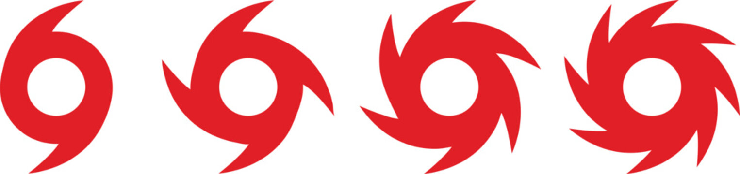Red hurricane and typhoon category icons set for weather forecasting and natural disaster tracking