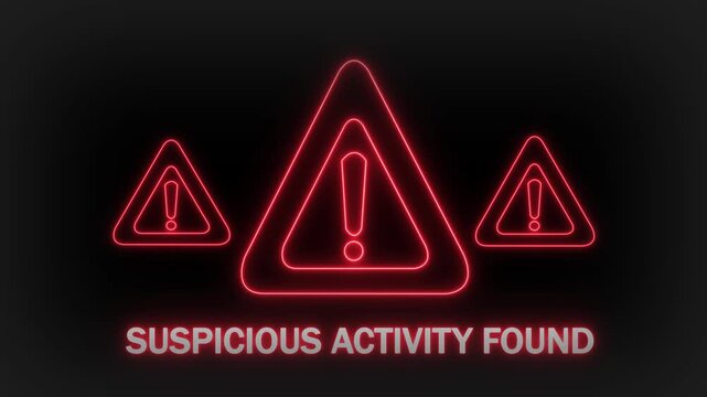 Three radiant red neon warning triangles with exclamation marks inside, set against a dark gray background with the phrase SUSPICIOUSACTIVITYFOUND glowing in red neon text below