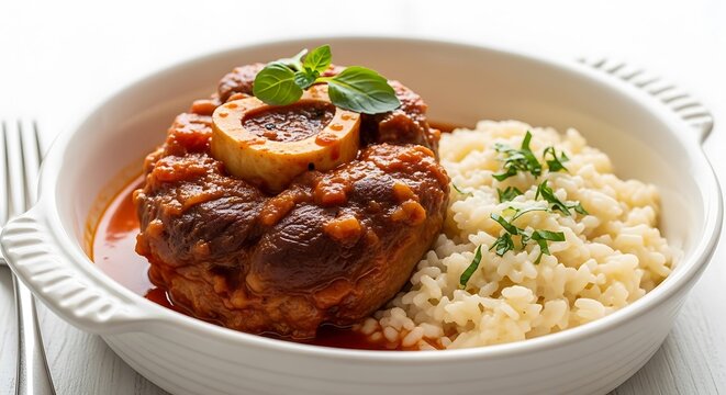 Delicious osso buco veal shank served with creamy risotto in a white ceramic baking dish for dinner. veal osso bucco