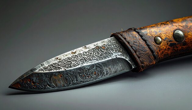 Close-up of ancient single-edged seax knife blade with riveted handle