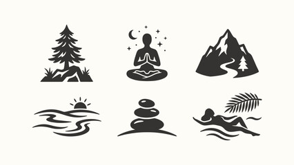 Obraz premium Nature and Wellness Icon Set for Meditation Relaxation and Outdoor Adventure