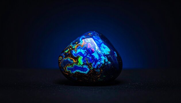 Vivid neon blue Paraiba tourmaline gemstone glowing in dark studio macro shot