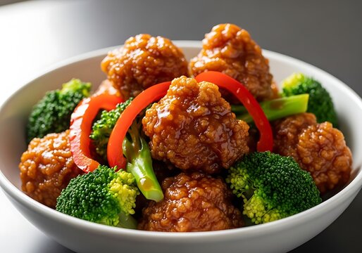 Delicious beef meatballs with fresh green broccoli and red bell pepper slices in a ceramic bowl dish. general tso