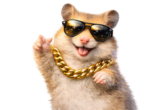 Cool hamster with sunglasses and gold chain, showing off its wealth and style