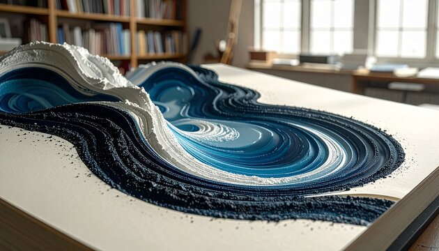 Close-up of blue and white marbled paper with swirling combed pattern