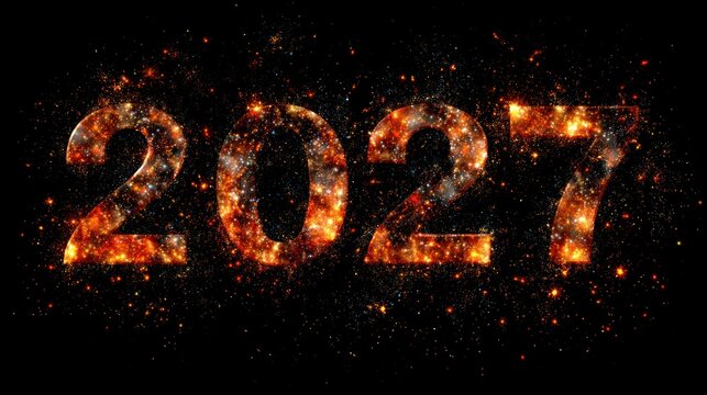 Fiery digital numbers representing the year two thousand twenty seven against a dark background