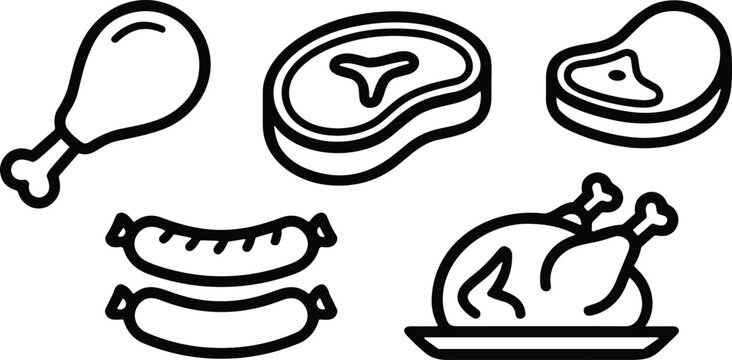 Collection of raw meat products icons, chicken leg, beef steak, sausages and whole roast turkey for butchery shop marketing