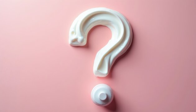White cream forms question mark on pink background. Cosmetic product texture, uncertainty about skin care choice, choice of beauty products.