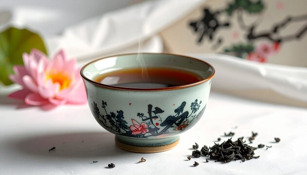 Gongfu tea ceremony with floral gaiwan and loose leaf tea