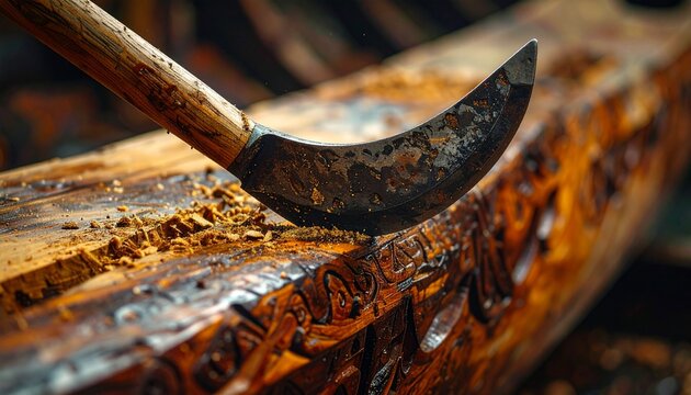 Close-up of traditional adze with curved blade for wood carving