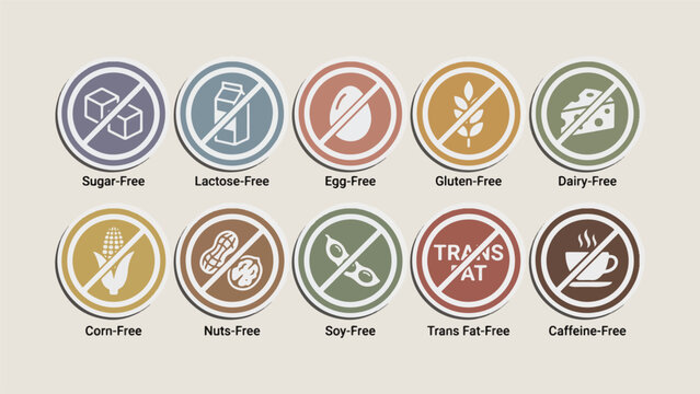 Food dietary icons, sugar free, lactose free, egg free, gluten free