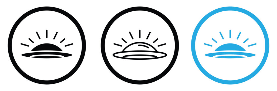 Three UFO spaceship icons in black and blue on white background for design and digital use