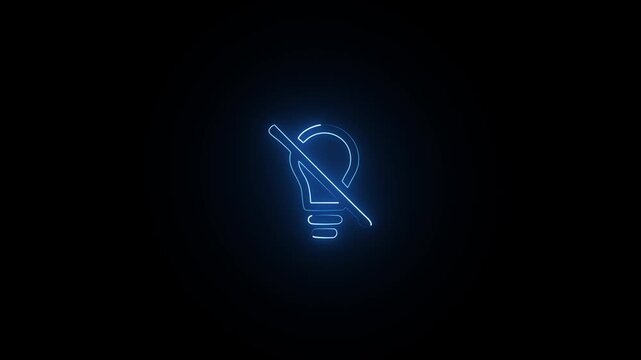 A neon light bulb with a red cross through it, glowing and pulsating against a dark background, indicating no light or a light source turned off, motion graphic design