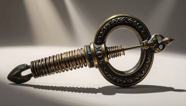 Close-up of ancient bronze fibula brooch with spring catch mechanism