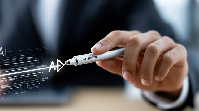 Close-up of a person's hand using a stylus pointing at a digital arrow for AI inference logic flow, AI decision concept, inference visualization photography, digital AI direction,