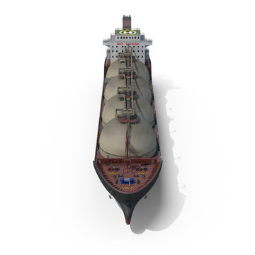 LNG tanker ship 3D render with four large dome-shaped gas tanks, dark hull, red bottom, helipad, white superstructure isolated PNG