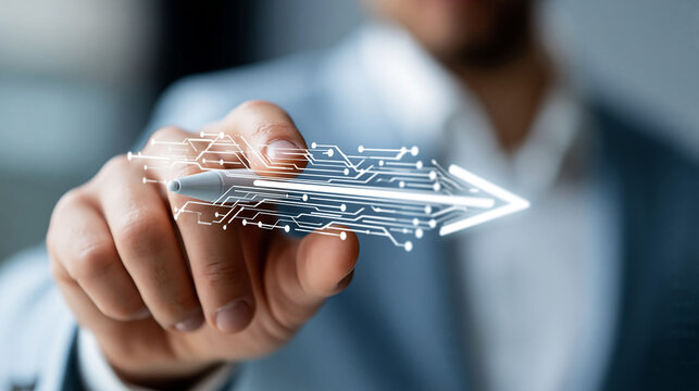 Close-up of a person's hand using a stylus pointing at a digital arrow for AI inference logic flow, AI decision concept, inference visualization photography, digital AI direction,
