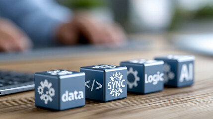 Naklejka premium Close-up of an AI development process diagram showing data, code, sync, logic and AI cubes in sequence, AI development stages concept, process cube photography, systematic AI