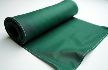 Obraz premium Rolled green garden shade cloth fabric laid on white surface. Material has white stitching along edges, ready for outdoor plant protection. Useful for sun control and weather barriers.