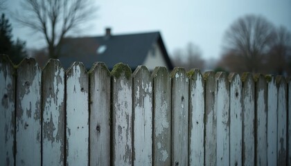 Fototapeta premium Old white picket fence with peeling paint and moss. Background shows blurred house and bare trees under grey sky. Worn wood texture shows decay.