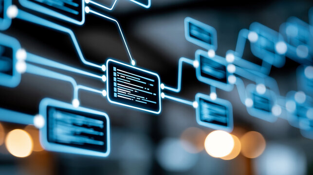 Close-up of AI workflow automation interface showing software architecture with data process flow and trigger icons, software node concept, architecture photography, AI trigger