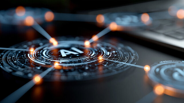 Close-up of a central AI agent concept connecting to functional modules including vision, code and data logic on a dark digital network, multi-agent system concept, AI module