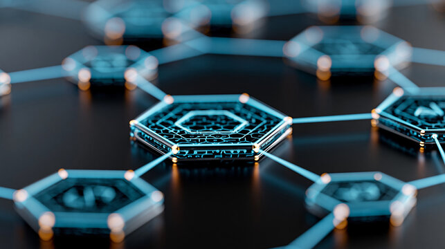 Close-up of a central AI agent concept connecting to functional modules including vision, code and data logic on a dark digital network, multi-agent system concept, AI module