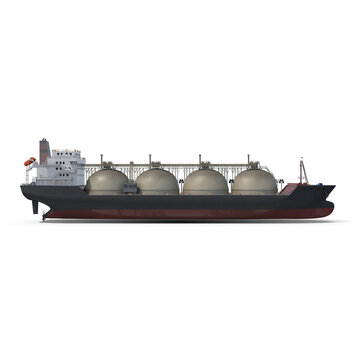 LNG tanker ship 3D render with four large dome-shaped gas tanks, dark hull, red bottom, helipad, white superstructure isolated PNG