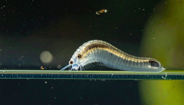 Macro view of freshwater flatworm with eye spots gliding underwater