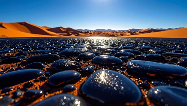 Desert pavement with polished dark pebbles reflecting sunlight at dusk