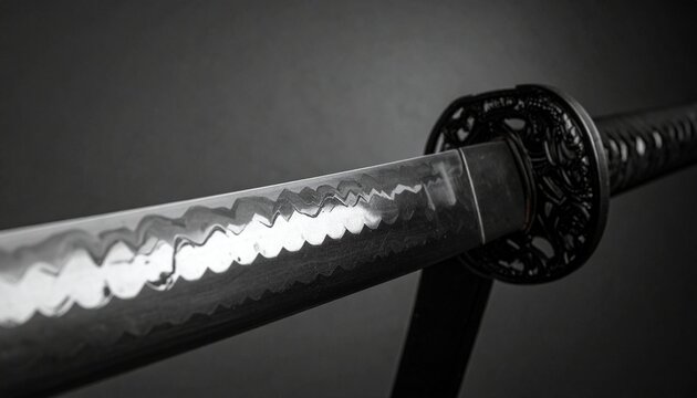 Close-up of a samurai katana blade showing tempered hamon line in black and white