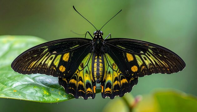 Close-up of Queen Alexandra's Birdwing Butterfly on Green Leaf
