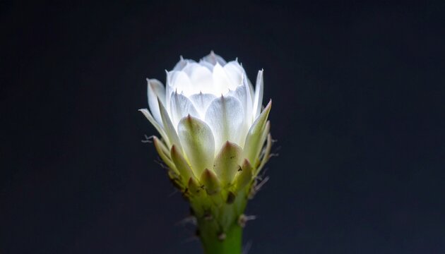 Close-up of rare Discocactus horstii cactus with glowing white nocturnal flower