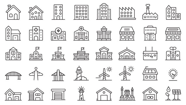 Set of outline building icons representing urban infrastructure and modern city architecture