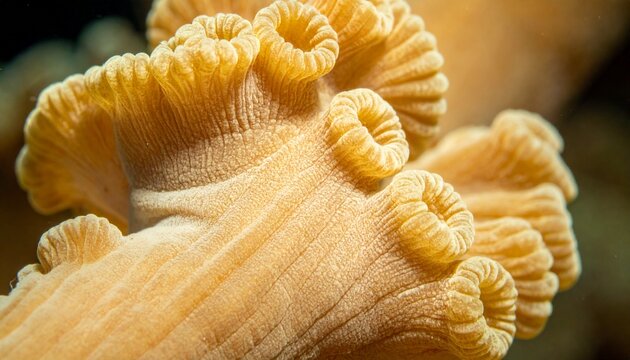 Close-up of retracted coral polyp with smooth leathery tissue and visible septa